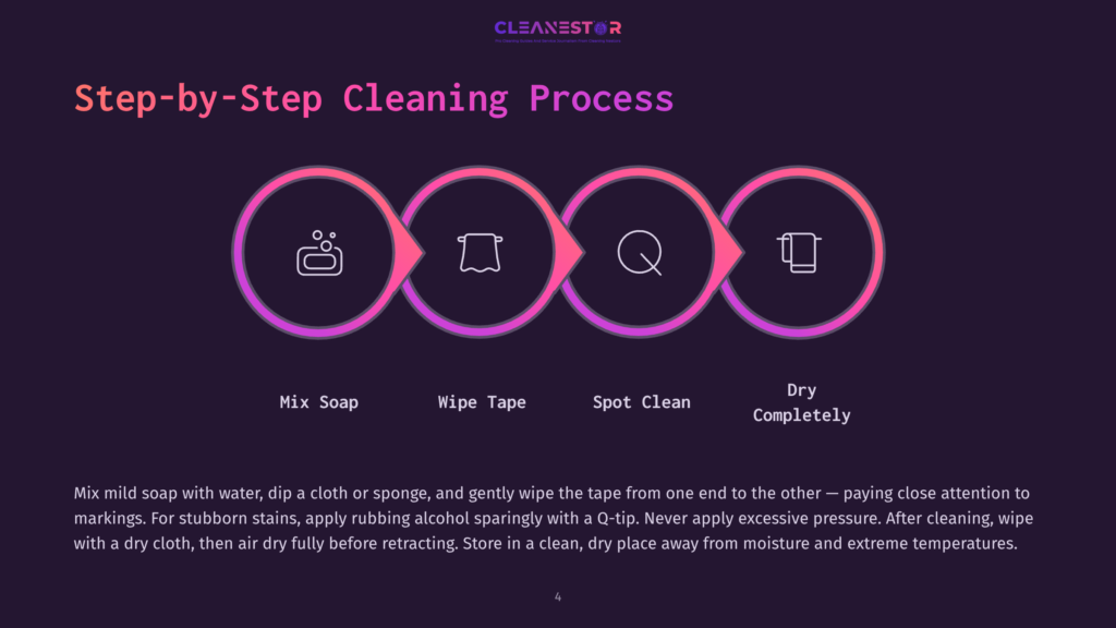 Step-By-Step Cleaning Process Illustration: Mix Soap, Wipe Tape, Spot Clean, Dry Completely. Icons Show A Soap Dispenser, Tape Roll, Q-Tip, And A Towel. Text Explains Cleaning Instructions.