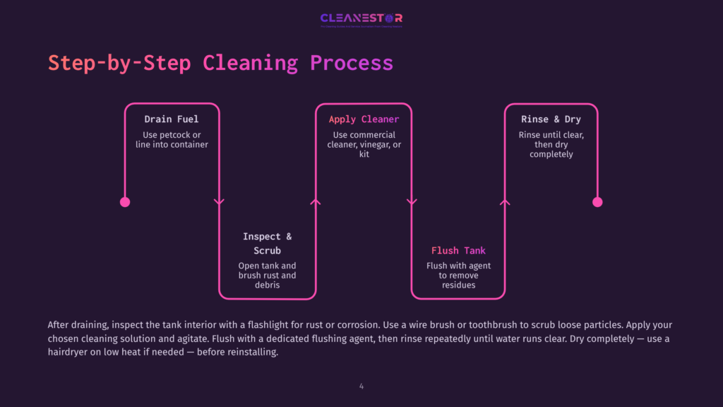 Step-By-Step Cleaning Process Flowchart: Drain Fuel, Inspect &Amp; Scrub, Apply Cleaner, Flush Tank, Rinse &Amp; Dry. Text Details Cleaning Steps For Fuel Tanks.
