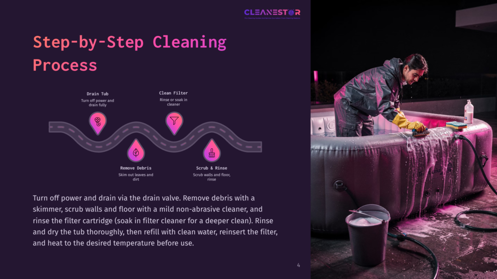 A Woman In A Yellow Glove Scrubs The Inside Of An Inflatable Hot Tub With A Sponge, A Bucket Of Soapy Water Beside Her. The Image Includes The Text &Quot;Cleanestor&Quot; And &Quot;Step-By-Step Cleaning Process&Quot; With A Diagram.