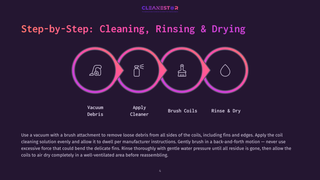 Step-By-Step Guide To Cleaning, Rinsing, And Drying: Vacuum Debris, Apply Cleaner, Brush Coils, Rinse &Amp; Dry. Icons Represent Each Step.