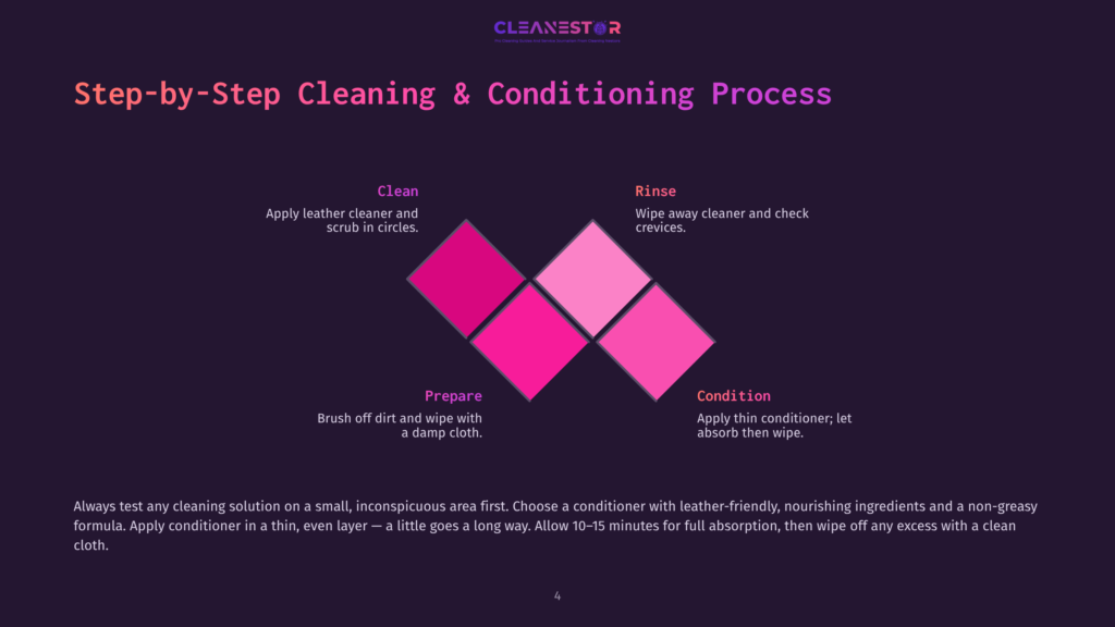 Step-By-Step Cleaning And Conditioning Process For Leather, Illustrated With Purple And Pink Diamond Shapes, Detailing Prepare, Clean, Rinse, And Condition Stages.