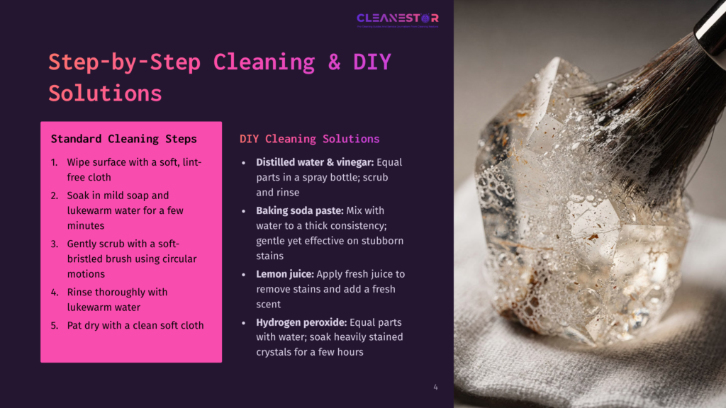 A Close-Up Shot Shows A Crystal Being Cleaned With A Brush. Text On The Left Provides Step-By-Step Cleaning Solutions And Diy Cleaning Tips For Crystals.