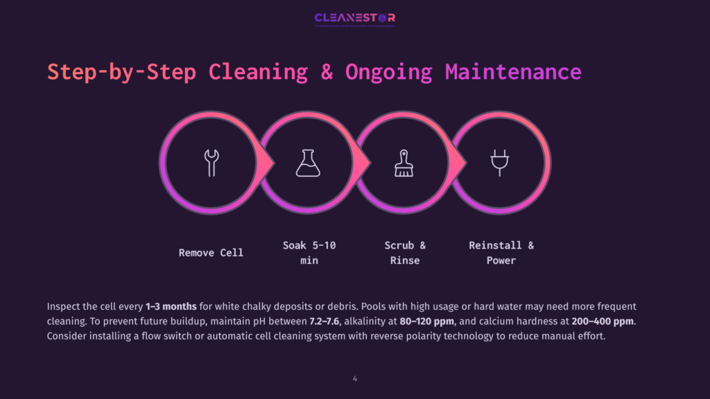 Flowchart Illustrating Step-By-Step Cleaning And Ongoing Maintenance Of A Pool Cell, Showing Icons For Remove Cell, Soak 5-10 Min, Scrub &Amp; Rinse, And Reinstall &Amp; Power.