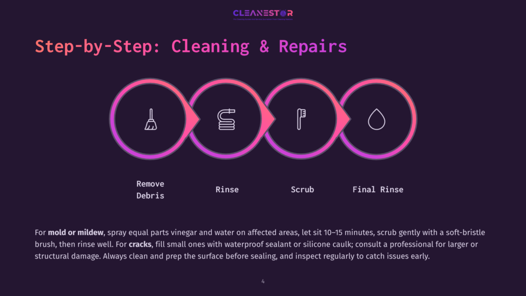 Step-By-Step Cleaning And Repairs Guide: Remove Debris, Rinse, Scrub, And Final Rinse Icons In A Circular Flow Diagram. Text Details Cleaning Mold Or Mildew With Vinegar And Water.