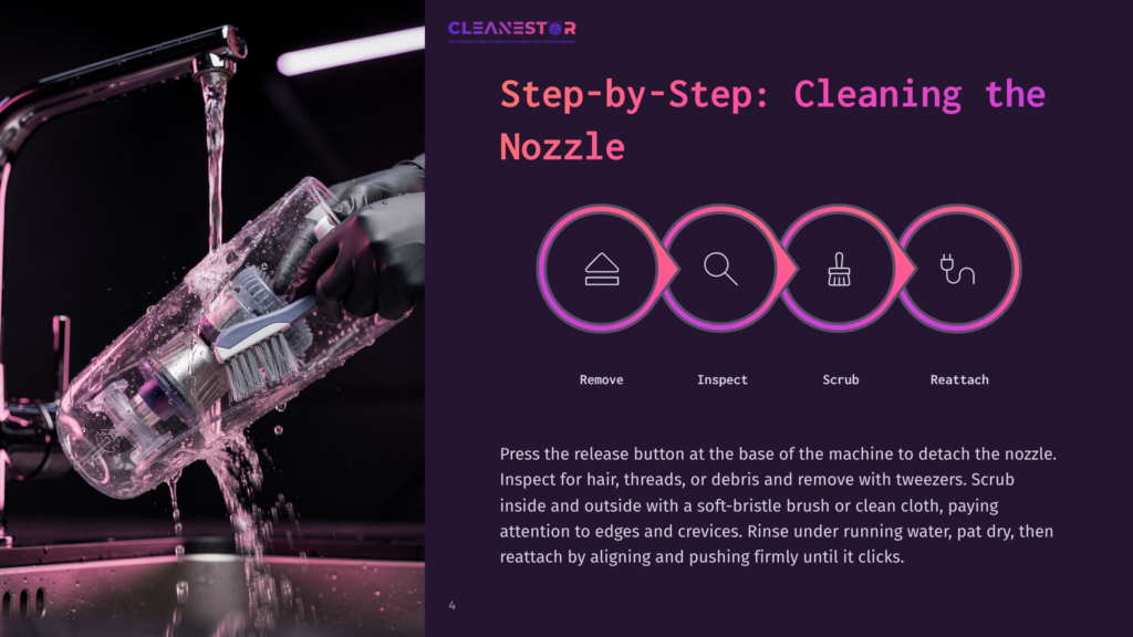 Step-By-Step Guide To Cleaning A Vacuum Nozzle: Remove, Inspect, Scrub, Reattach. A Hand Holding A Transparent Vacuum Cleaner Part Under Running Water.
