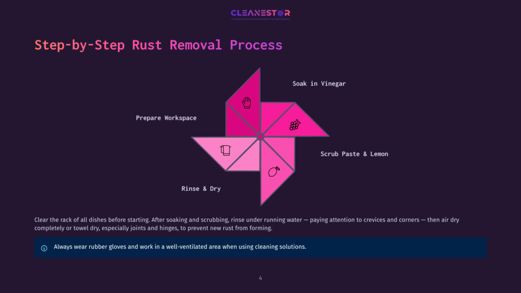 Step-By-Step Rust Removal Process Infographic With A Pink Pinwheel Design Showing Steps: Prepare Workspace, Soak In Vinegar, Scrub Paste &Amp; Lemon, Rinse &Amp; Dry. Includes Text With Safety Warning.