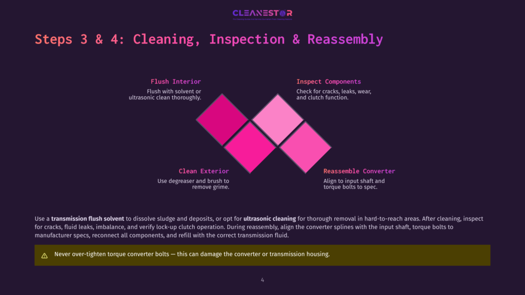Diagram Outlining The Steps For Cleaning, Inspecting, And Reassembling A Transmission Converter: Flush Interior, Clean Exterior, Inspect Components, And Reassemble Converter. The Text Also Warns Against Over-Tightening Converter Bolts.