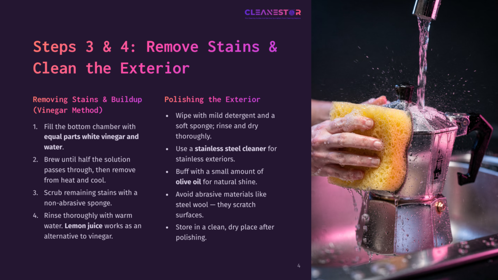 Close-Up Of Hands Cleaning A Shiny Stainless Steel Stovetop Espresso Maker With A Yellow Sponge And Water. Text Overlay: &Quot;Cleanestor&Quot; And &Quot;Steps 3 &Amp; 4: Remove Stains &Amp; Clean The Exterior&Quot;.