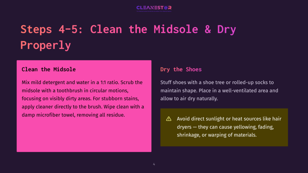 4 Steps 4 5 Clean The Midsole And Dry Properly Steps 4-5: Clean The Midsole &Amp; Dry The Shoes. Instructions For Cleaning Shoe Insoles With Mild Detergent And A Toothbrush, And Drying Shoes In A Well-Ventilated Area Away From Direct Sunlight.
