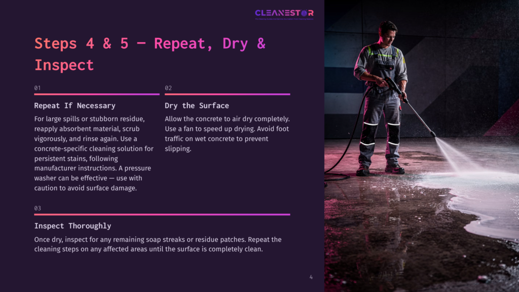 A Man In Work Clothes Pressure Washes A Wet Concrete Floor, With Cleaning Instructions Visible On The Left Side Of The Image, Detailing Steps For Cleaning And Inspection.
