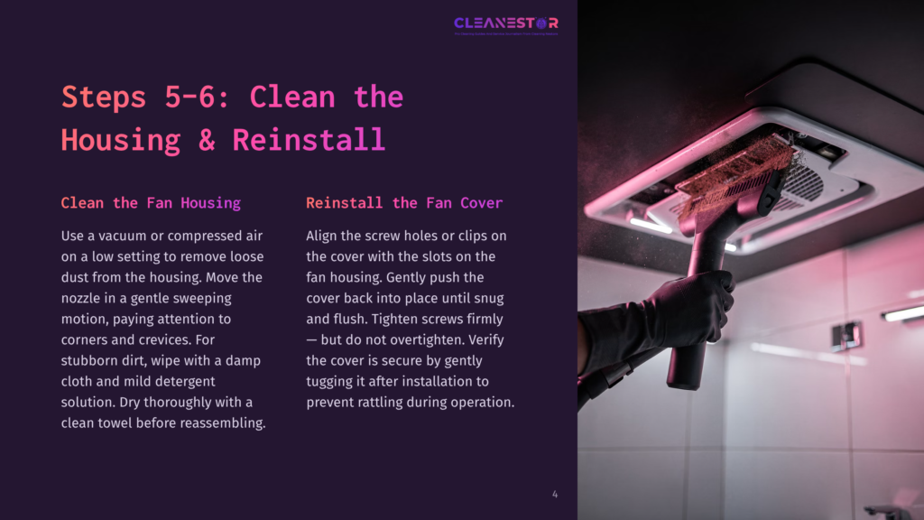 Steps 5-6: Clean The Housing &Amp; Reinstall The Fan Cover. A Person In Black Gloves Uses A Vacuum Cleaner Attachment To Clean A Dusty Fan Housing.