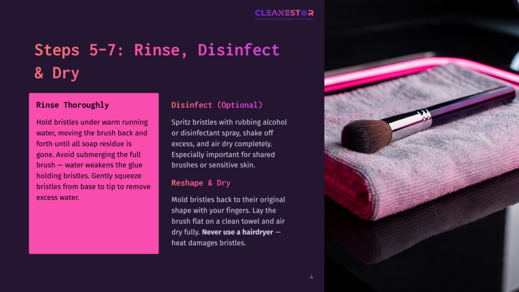 A Makeup Brush With A Dark Brown Bristles And A Silver Ferrule Rests On A Fluffy Pink Towel Next To A Black Surface. Steps 5-7: Rinse, Disinfect &Amp; Dry.