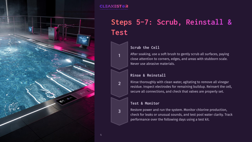 4 Steps 5 7 Scrub Reinstall And Test A Modern Indoor Swimming Pool With Clear Blue Water, Illuminated Stairs, And Underwater Lights. Text Overlays Provide Instructions For Pool Maintenance: &Quot;Steps 5-7: Scrub, Reinstall &Amp; Test,&Quot; With Details On Scrubbing The Cell, Rinsing, And Monitoring.