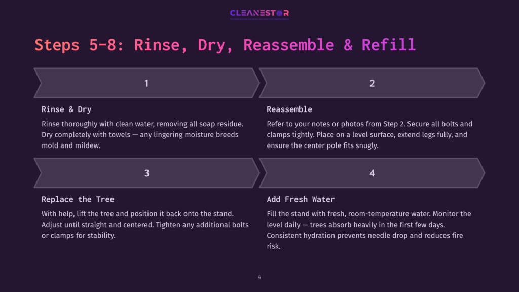 4 Steps 5 8 Rinse Dry Reassemble And Refill Steps 5-8 For Cleaning A Christmas Tree: Rinse &Amp; Dry, Reassemble, Replace The Tree, And Add Fresh Water. Instructions Include Rinsing With Clean Water, Drying Completely, Reassembling The Tree, And Ensuring Consistent Hydration.