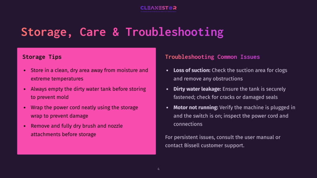Cleanestor Storage Tips And Troubleshooting Common Issues For Carpet Cleaners, Including Loss Of Suction And Dirty Water Leakage.