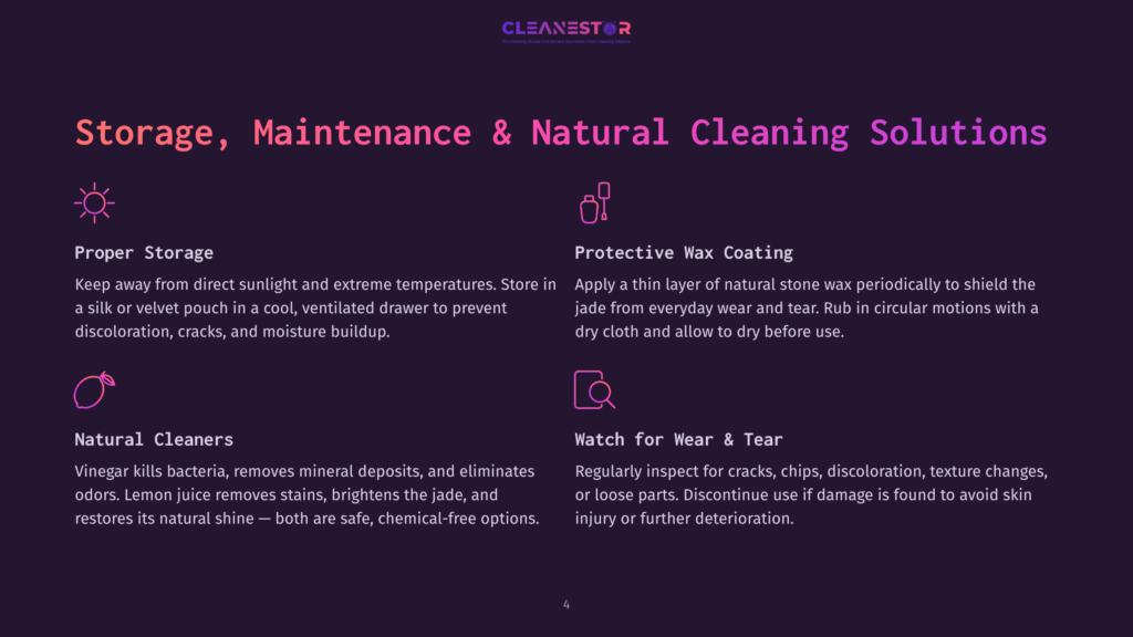 4 Storage Maintenance And Natural Cleaning Solutions Cleanestor Logo At The Top, Followed By Storage, Maintenance &Amp; Natural Cleaning Solutions Title. Below Are Four Sections: Proper Storage, Protective Wax Coating, Natural Cleaners, And Watch For Wear &Amp; Tear, Each With An Icon And Descriptive Text.
