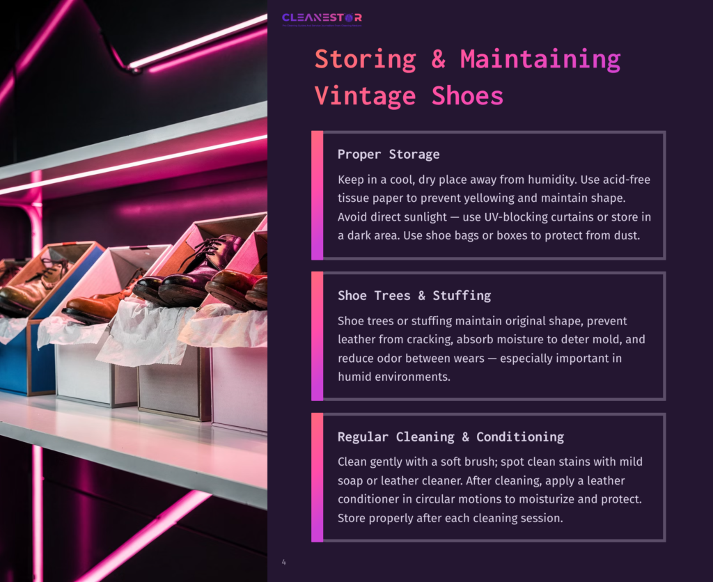 4 Storing And Maintaining Vintage Shoes Cleanestor Logo And Text &Quot;Storing &Amp; Maintaining Vintage Shoes&Quot; With Sections On &Quot;Proper Storage,&Quot; &Quot;Shoe Trees &Amp; Stuffing,&Quot; And &Quot;Regular Cleaning &Amp; Conditioning.