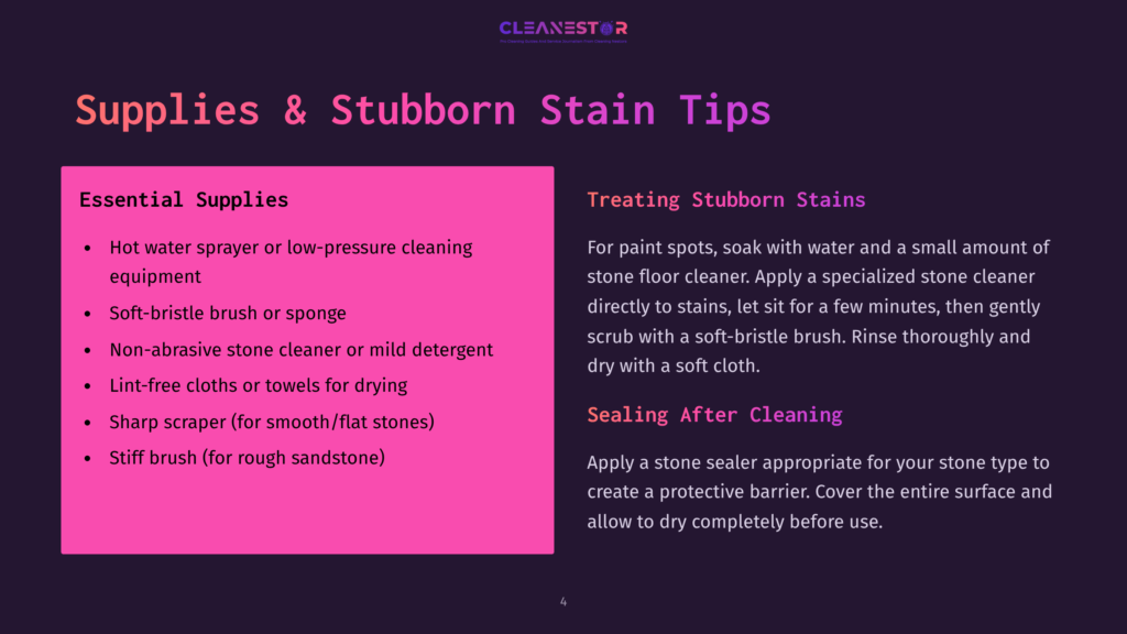 Cleanestor Graphic Titled &Quot;Supplies &Amp; Stubborn Stain Tips&Quot; Detailing Essential Cleaning Supplies Like Hot Water Sprayers, Brushes, And Cloths For Stone Floors, And Tips For Treating And Sealing Stubborn Stains.