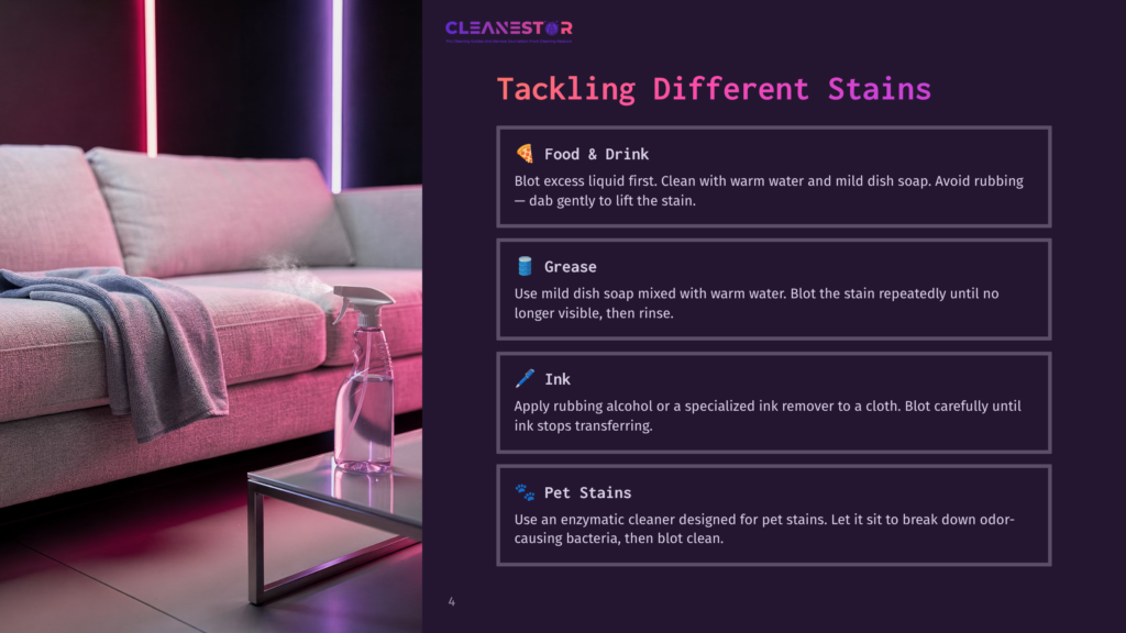 A Modern Living Room With A Plush Sectional Sofa And A Glass Coffee Table, Featuring A Spray Bottle Of Cleaning Solution. The Image Includes Text From A Presentation Slide Titled &Quot;Tackling Different Stains&Quot; With Sections On Food &Amp; Drink, Grease, Ink, And Pet Stains.
