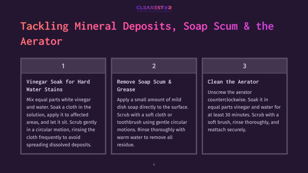 Three Numbered Steps For Cleaning Aerators: 1. Vinegar Soak For Hard Water Stains, 2. Remove Soap Scum &Amp; Grease, 3. Clean The Aerator With Vinegar And Water.