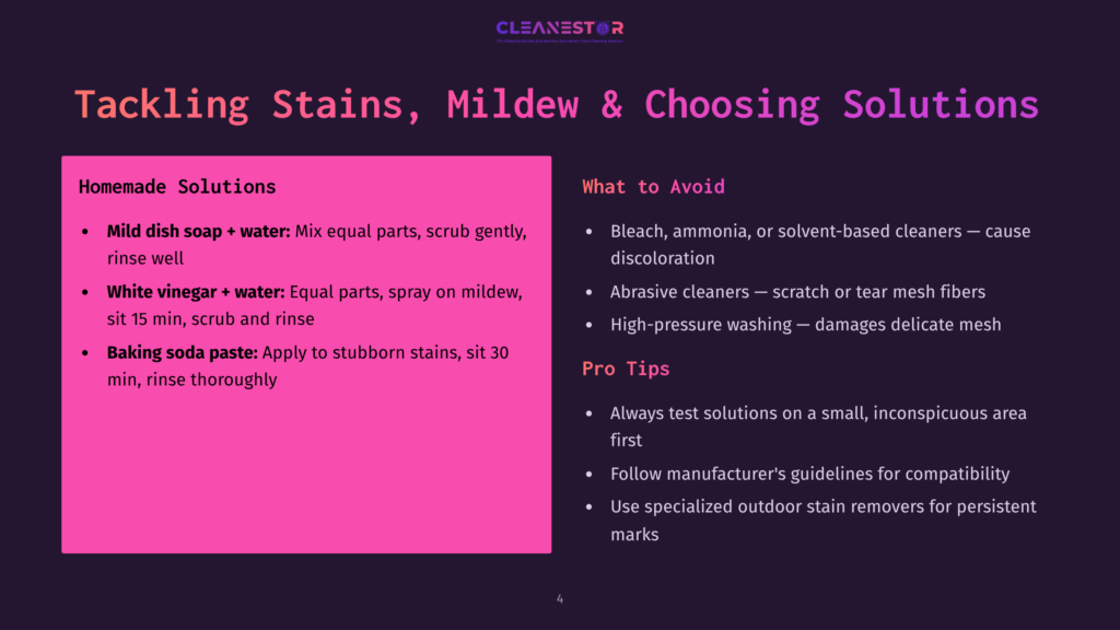 4 Tackling Stains Mildew And Choosing Solutions A Slide Titled &Quot;Tackling Stains, Mildew &Amp; Choosing Solutions&Quot; From Cleanestor, Detailing Homemade Stain Removal Solutions Like Baking Soda Paste And White Vinegar, And Offering Pro Tips For Stain Treatment.