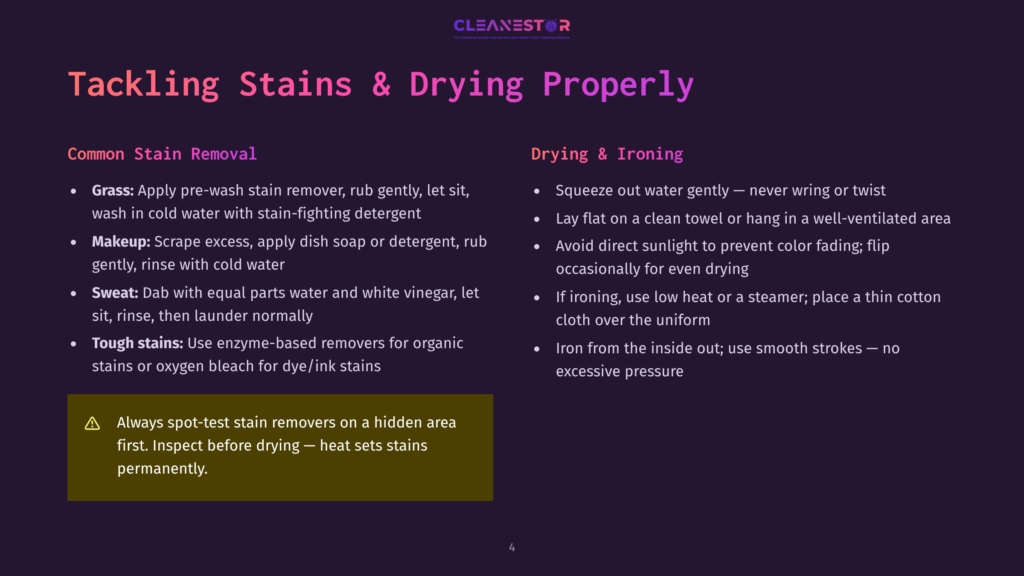 4 Tackling Stains And Drying Properly An Infographic Titled &Quot;Tackling Stains &Amp; Drying Properly&Quot; Featuring A Purple Background With A Checklist On Common Stain Removal And Drying And Ironing Tips. It Includes A Warning To Always Spot-Test Stain Removers On A Hidden Area First.
