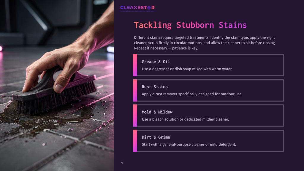 4 Tackling Stubborn Stains A Hand With A Black Scrub Brush Cleans A Dark Tiled Floor With Water And Suds. Text Overlay: &Quot;Cleanestor&Quot;, &Quot;Tackling Stubborn Stains&Quot;, And Tips For Grease, Rust, Mold, And Dirt Stains.