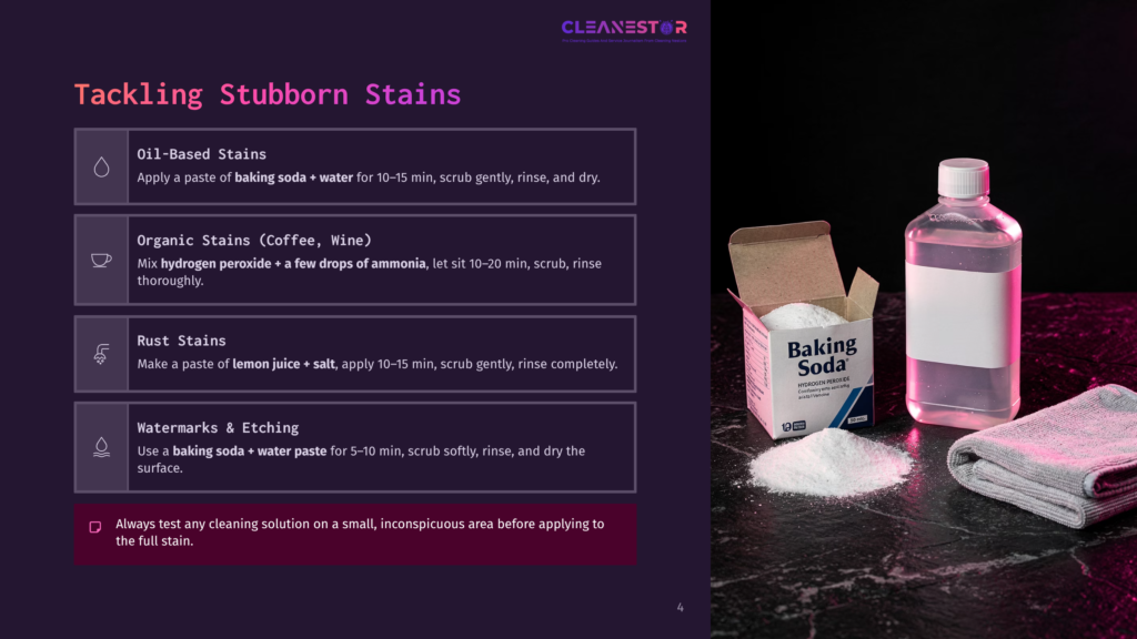 A Close-Up View Of A Bottle Of Baking Soda Next To An Open Box, With A Towel And A Marble Surface. Text On The Image Provides Cleaning Instructions For Tackling Stubborn Stains Using Baking Soda, Lemon Juice, And Water.