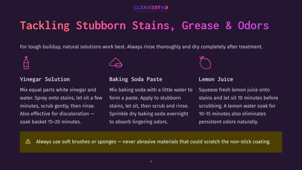 4 Tackling Stubborn Stains Grease And Odors Tackling Stubborn Stains, Grease &Amp; Odors: Vinegar Solution, Baking Soda Paste, And Lemon Juice Are Natural Cleaning Solutions. Always Rinse Thoroughly And Dry Completely After Treatment. Avoid Abrasive Materials.