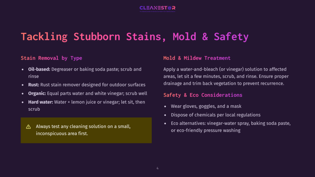 4 Tackling Stubborn Stains Mold And Safety Slide Titled &Quot;Tackling Stubborn Stains, Mold &Amp; Safety&Quot; From Cleanestor, Detailing Stain Removal By Type (Oil-Based, Rust, Organic, Hard Water) And Mold/Mildew Treatment With Eco-Friendly Considerations.