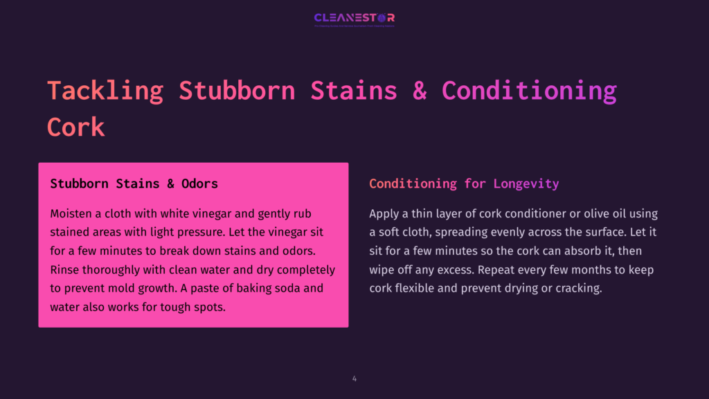 Text Box With Pink Background And White Text Discusses How To Remove Stubborn Stains And Odors From Cork, Using White Vinegar And Baking Soda.
