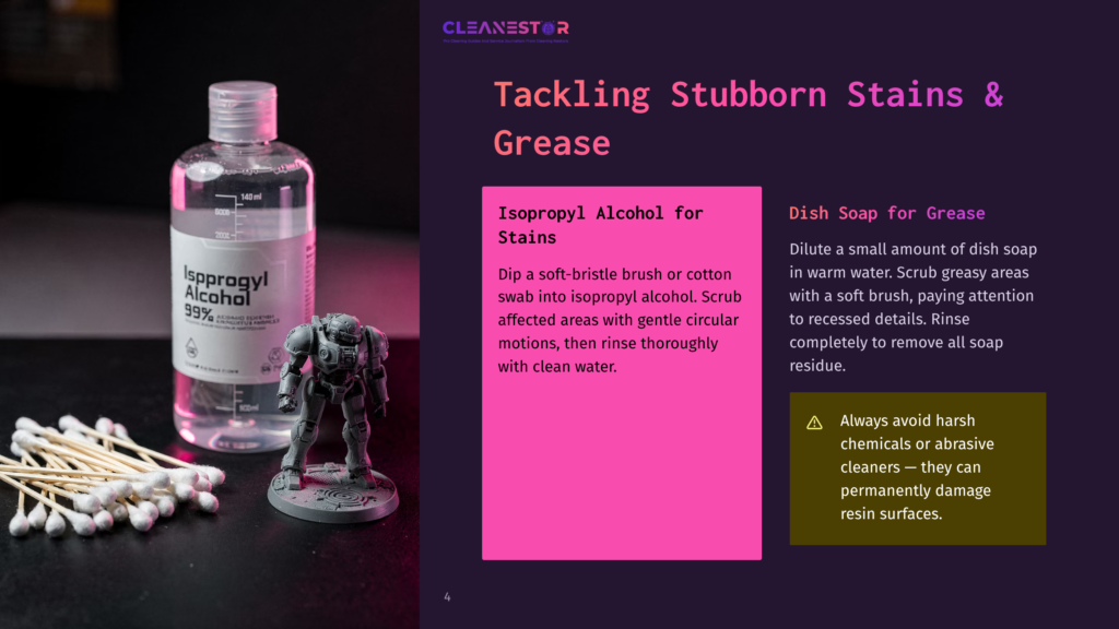 A Bottle Of 99% Isopropyl Alcohol And A Miniature Figure Stand On A Surface, Surrounded By Cotton Swabs. The Bottle Is Partially Filled With Clear Liquid. The Miniature Figure Is Grey And Detailed, With A Sci-Fi Design. Cotton Swabs Are Neatly Arranged In A Cluster.