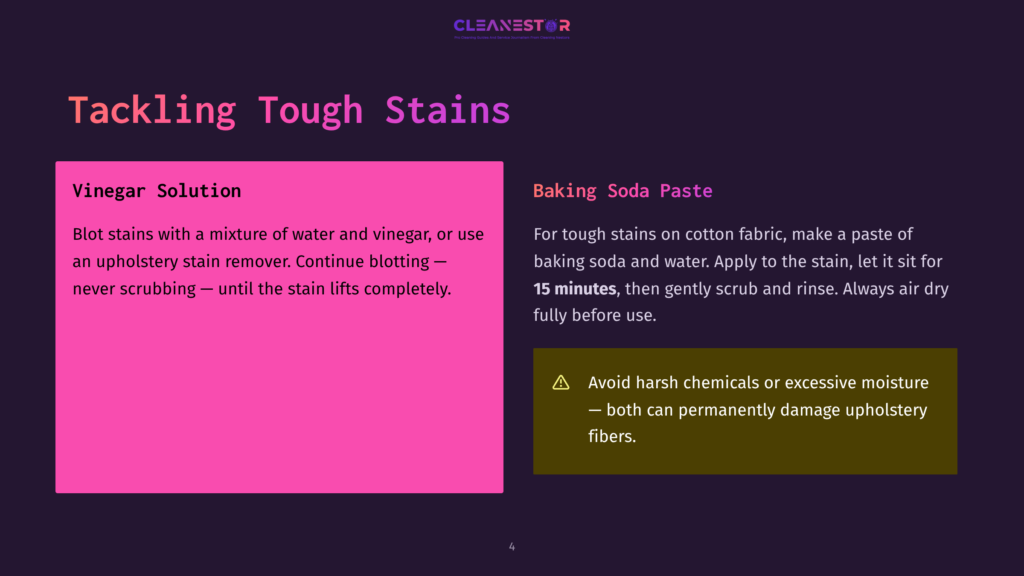 Two Panels Detailing Diy Upholstery Stain Removal Methods. The Left Panel, In Bright Pink, Describes A Vinegar Solution For Upholstery Stains. The Right Panel, In Dark Brown, Explains A Baking Soda Paste For Tough Stains On Cotton Fabric, With A Warning About Harsh Chemicals.