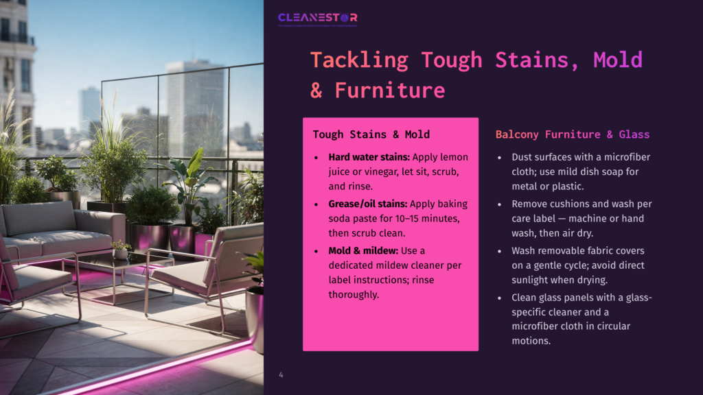 4 Tackling Tough Stains Mold And Furniture A Modern Balcony With Stylish Grey Furniture And Lush Green Plants, Featuring A Graphic With Cleaning Tips For &Quot;Tackling Tough Stains, Mold &Amp; Furniture&Quot; And &Quot;Balcony Furniture &Amp; Glass&Quot;.