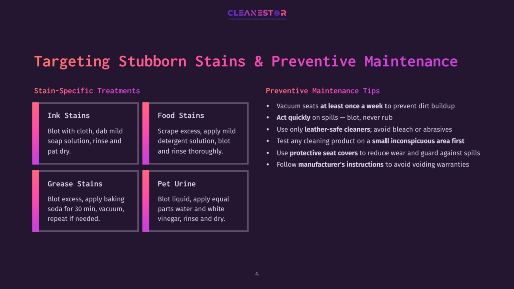 A Dark Purple Slide Titled &Quot;Targeting Stubborn Stains &Amp; Preventive Maintenance&Quot; Lists Stain Treatments For Ink, Food, Grease, And Pet Urine, Alongside Preventive Maintenance Tips Like Vacuuming Weekly And Acting Quickly On Spills.