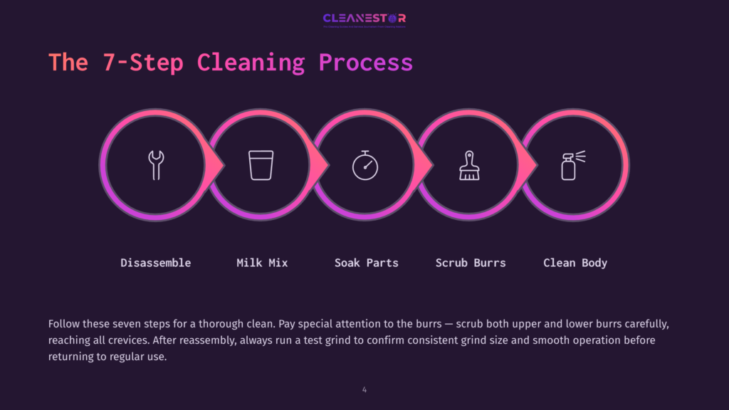 The 7-Step Cleaning Process Graphic Displays Five Icons In A Row: Wrench, Milk Carton, Timer, Brush, And Spray Bottle, With Text Labels Below: Disassemble, Milk Mix, Soak Parts, Scrub Burrs, Clean Body.