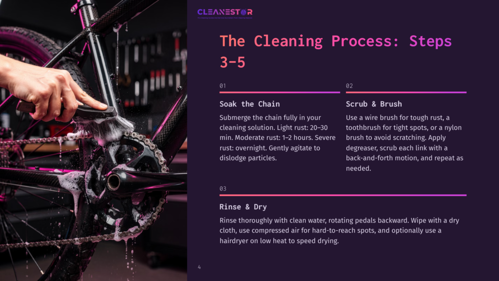 4 The Cleaning Process Steps 3 5 Close-Up Of A Hand Scrubbing A Bicycle Chain With A Brush And Soap Suds, Part Of A Bike Cleaning Process Guide.
