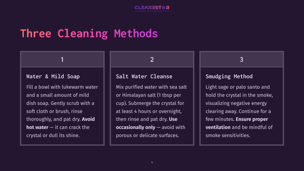 Three Cleaning Methods: Water &Amp; Mild Soap, Salt Water Cleanse, And Smudging Method. Each Method Is Presented In A Dark Purple Box With White Text Detailing The Steps.