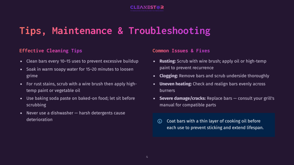 A Webpage Titled &Quot;Tips, Maintenance &Amp; Troubleshooting&Quot; Shows Tips For Cleaning And Maintaining Equipment. It Includes Cleaning Tips Like Scrubbing Bars And Using Baking Soda Paste, Along With Solutions To Common Issues Such As Rusting And Uneven Heating.