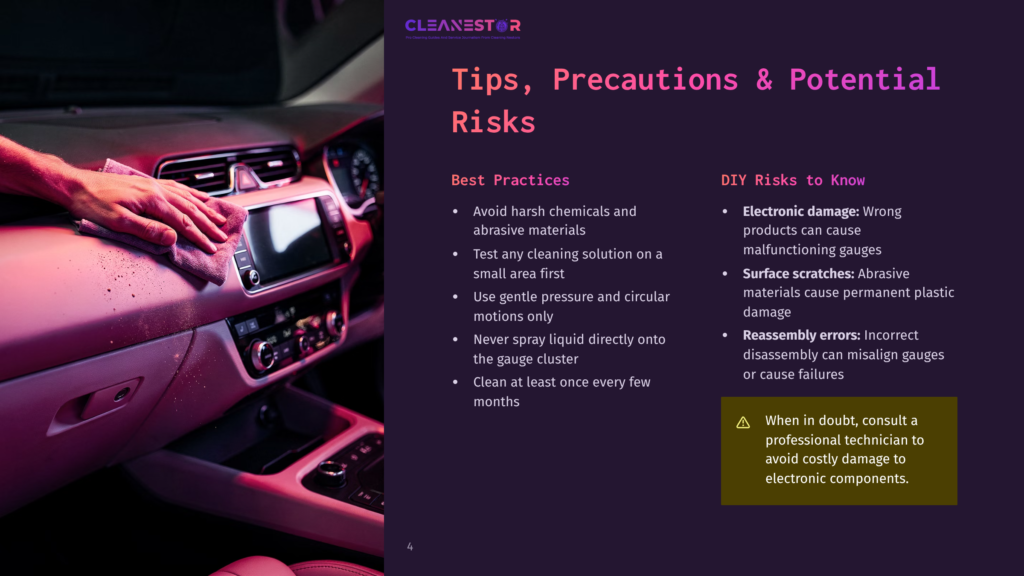 4 Tips Precautions And Potential Risks A Hand In A Microfiber Cloth Gently Cleans A Car'S Dashboard And Infotainment Screen, Highlighting Best Practices For Auto Interior Detailing.