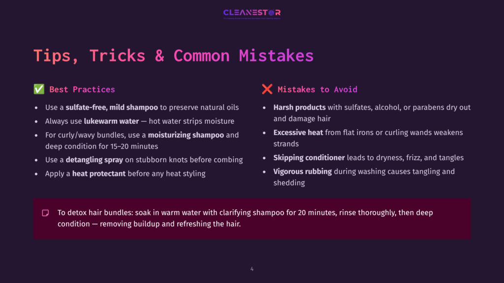 Infographic With Text: &Quot;Tips, Tricks &Amp; Common Mistakes&Quot; For Hair Care, Listing Best Practices Like Using Sulfate-Free Shampoo And Avoiding Harsh Products, With A Note On Detoxing Hair Bundles.