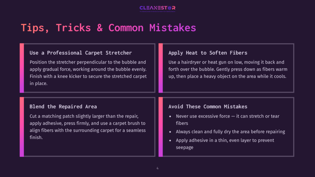 4 Tips Tricks And Common Mistakes Infographic Titled &Quot;Tips, Tricks &Amp; Common Mistakes&Quot; For Carpet Stretching And Repair, With Four Sections: &Quot;Use A Professional Carpet Stretcher,&Quot; &Quot;Apply Heat To Soften Fibers,&Quot; &Quot;Blend The Repaired Area,&Quot; And &Quot;Avoid These Common Mistakes.