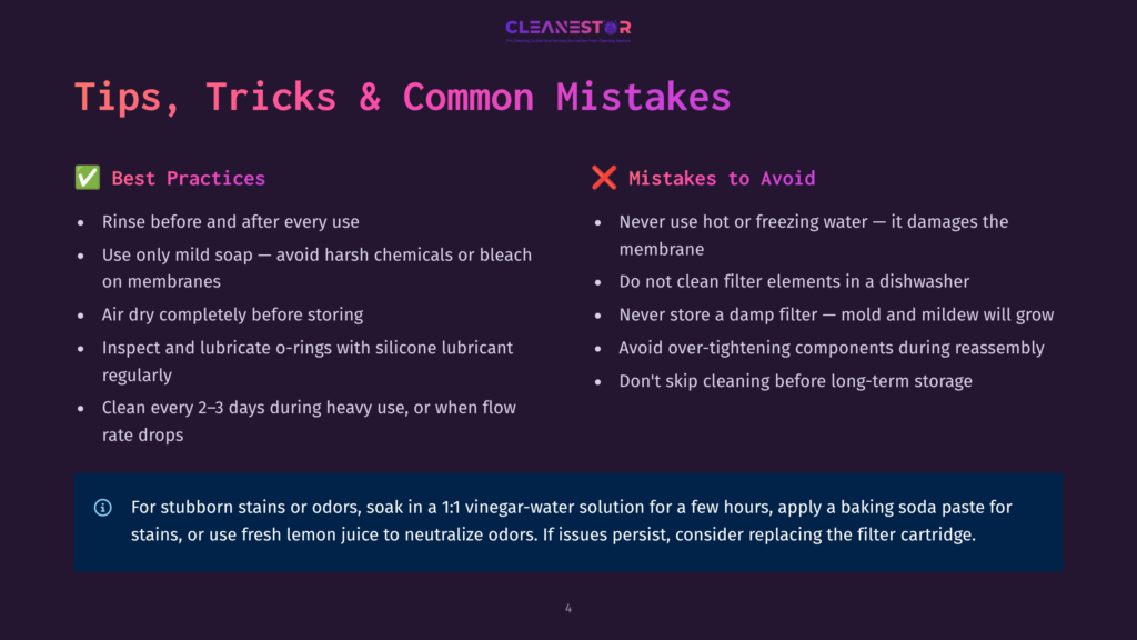 Infographic Titled &Quot;Tips, Tricks &Amp; Common Mistakes&Quot; Comparing Best Practices For Cleaning With Green Checkmarks And Mistakes To Avoid With Red Crosses, Offering Advice For Filter Maintenance.