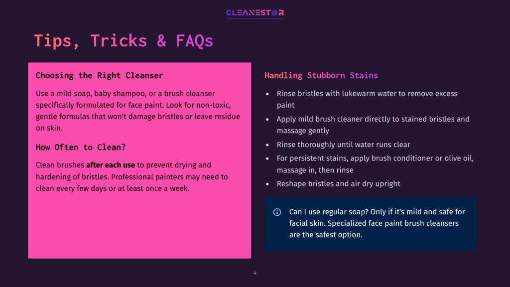 A Pink And Purple Graphic With Text About Cleaning Makeup Brushes. It Features Sections On &Quot;Choosing The Right Cleanser&Quot; And &Quot;How Often To Clean?&Quot;, And On The Right, &Quot;Handling Stubborn Stains&Quot; With A Question About Using Regular Soap.