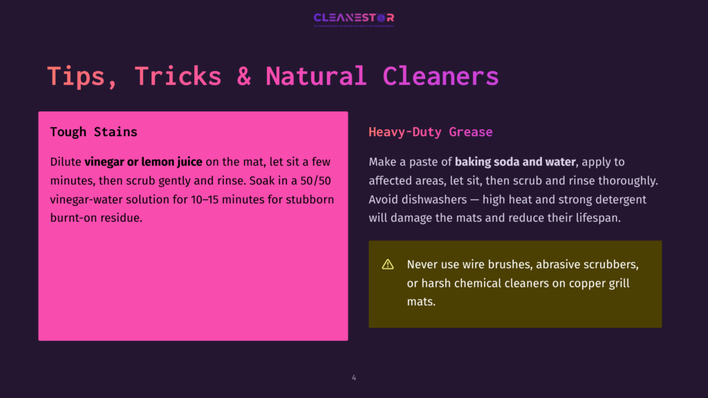 Page 4 Of A Presentation Titled &Quot;Tips, Tricks &Amp; Natural Cleaners,&Quot; Featuring Tips For Cleaning Tough Stains And Heavy-Duty Grease With Vinegar, Lemon Juice, And Baking Soda.