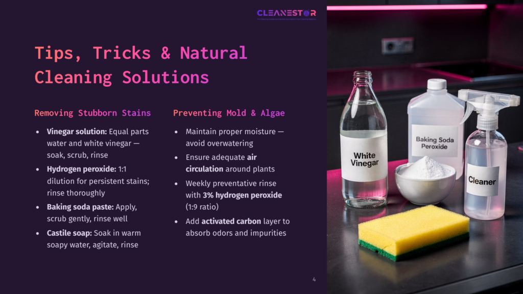 4 Tips Tricks And Natural Cleaning Solutions A Countertop Cleaning Scene Featuring Bottles Of White Vinegar, Hydrogen Peroxide, And A Spray Bottle Labeled &Quot;Cleaner,&Quot; Alongside A Bowl Of Baking Soda And A Yellow Sponge. Text Overlays Include &Quot;Cleanestor,&Quot; &Quot;Tips, Tricks &Amp; Natural Cleaning Solutions,&Quot; &Quot;Removing Stubborn Stains,&Quot; And &Quot;Preventing Mold &Amp; Algae.