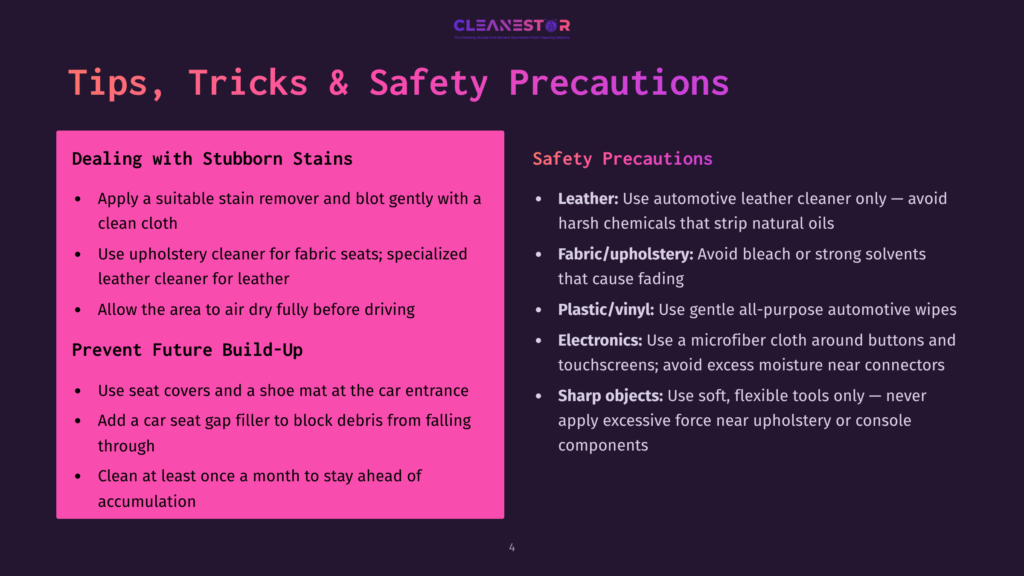4 Tips Tricks And Safety Precautions A Slide With The Title &Quot;Tips, Tricks &Amp; Safety Precautions&Quot; In Large White Text. The Slide Is Divided Into Two Columns: &Quot;Dealing With Stubborn Stains&Quot; And &Quot;Safety Precautions,&Quot; With Bulleted Lists Of Advice.