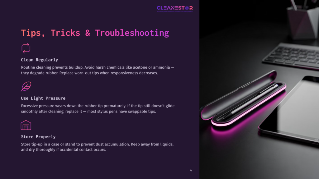 Cleanestor Logo And Text On A Dark Background, With Tips For Stylus Care: &Quot;Clean Regularly,&Quot; &Quot;Use Light Pressure,&Quot; And &Quot;Store Properly.