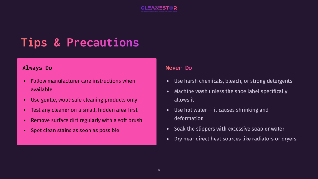 Cleanestor Logo And &Quot;Tips &Amp; Precautions&Quot; Slide With &Quot;Always Do&Quot; And &Quot;Never Do&Quot; Sections, Detailing Cleaning Advice For Slippers And Shoes.