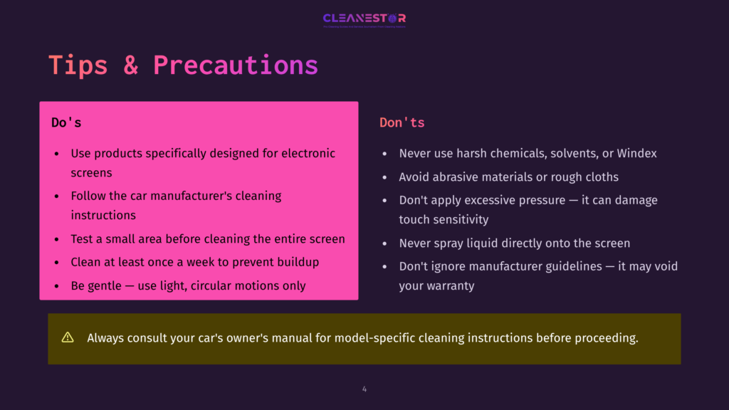 Infographic Titled &Quot;Tips &Amp; Precautions&Quot; With A Pink &Quot;Do'S&Quot; Section And A Black &Quot;Don'Ts&Quot; Section. The &Quot;Do'S&Quot; Section Advises Using Specific Products For Electronic Screens, Following Manufacturer Instructions, Testing Small Areas, Cleaning Weekly, And Using Gentle Motions. The &Quot;Don'Ts&Quot; Section Warns Against Using Harsh Chemicals, Abrasive Materials, Excessive Pressure, Spraying Liquid Directly, And Ignoring Manufacturer Guidelines. A Warning Note At The Bottom Emphasizes Consulting The Owner'S Manual.